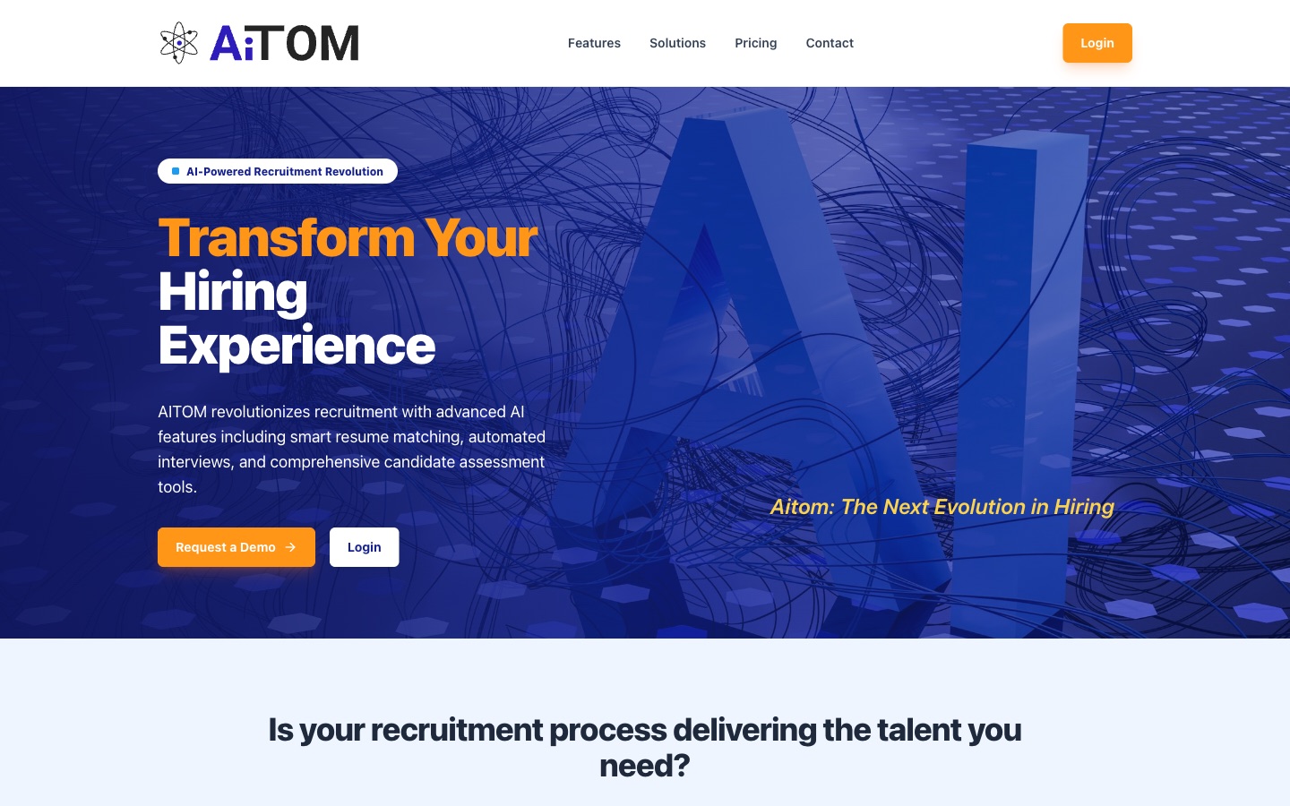 The AITOM marketing homepage introduces an AI-powered recruitment product with demo and login actions.