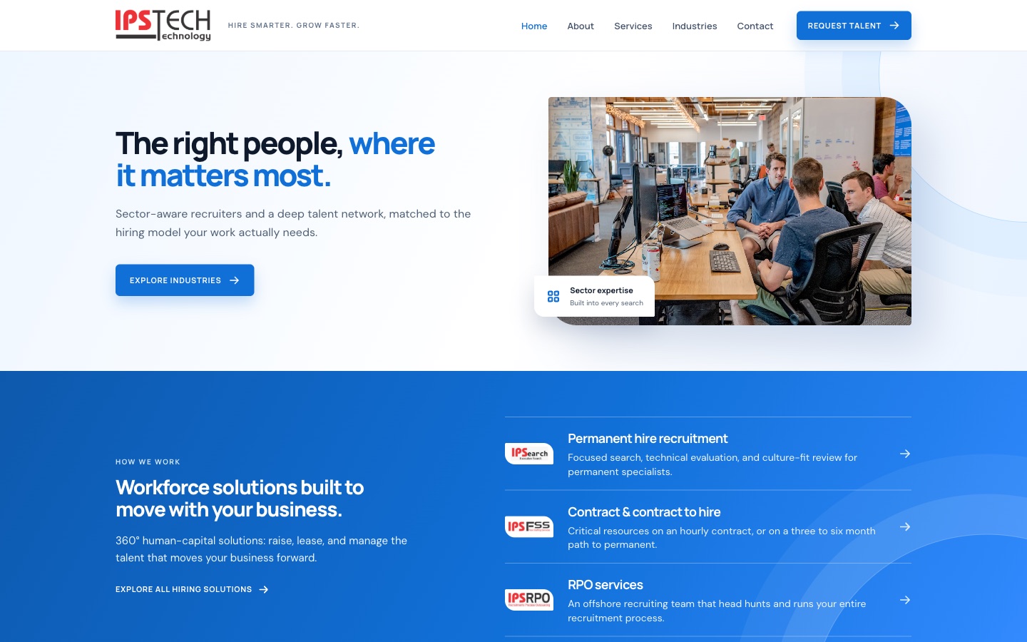 The IPS Tech Inc. homepage presents workforce solutions and links to service pages for permanent hiring, contract hiring and recruitment process outsourcing.