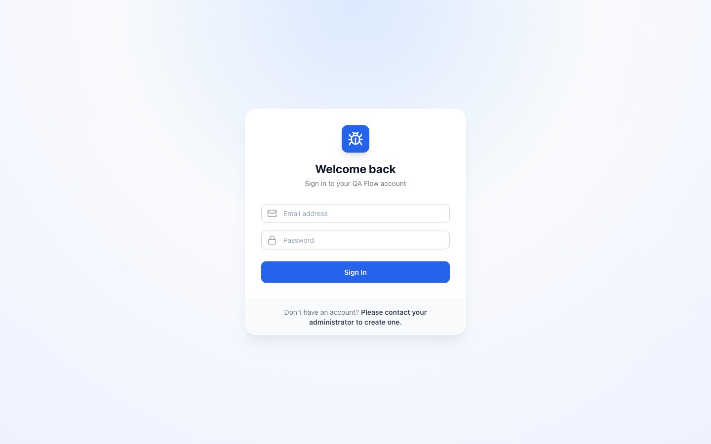 The QA Flow sign-in screen with email and password fields and a note that accounts are created by an administrator.